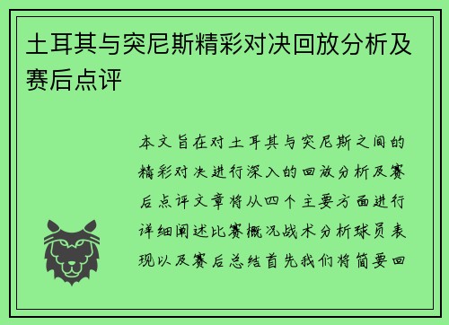 土耳其与突尼斯精彩对决回放分析及赛后点评